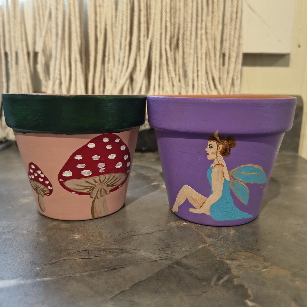 Two Terracotta 4 Inch Hand painted Pots- Blue Fairy And Red Mushroom